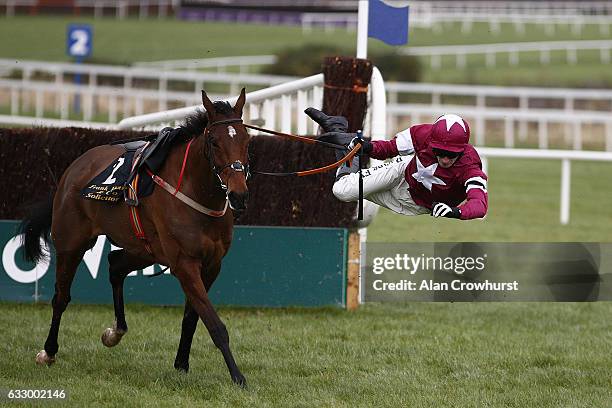 David Mullins riding Identity Thief fall during The Frank Ward Solicitors Arkle Novice Steeplechase at Leopardstown racecourse on January 29, 2017 in...