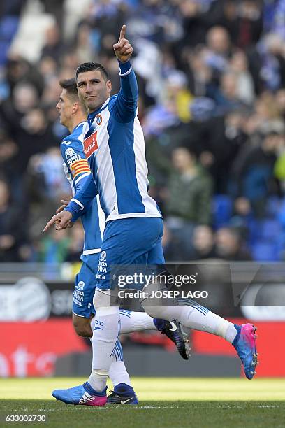 Espanyol's midfielder Jose Antonio Reyes celebrates his goal during the Spanish league football match RCD Espanyol vs Sevilla FC at the Cornella-El...