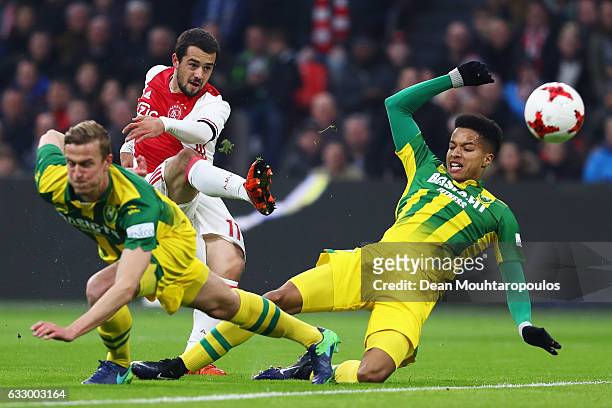 Amin Younes of Ajax shoots on goal in front of Thomas Meissner and Tyronne Ebuehi of ADO Den Haag during the Eredivisie match between Ajax Amsterdam...