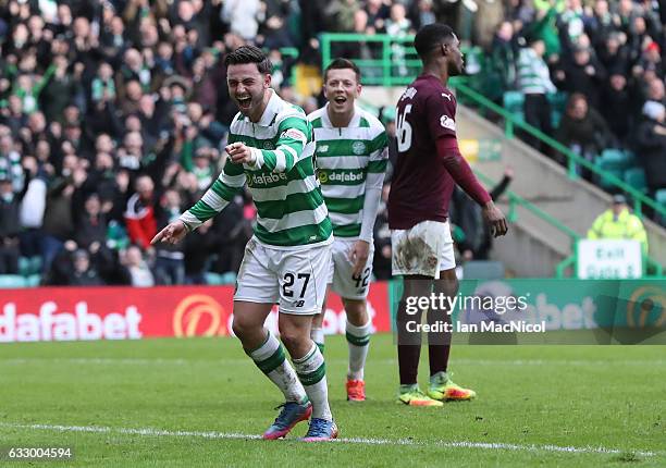 Patrick Roberts of Celtic celebrates scores the third goal during the Ladbrokes Scottish Premiership match between Celtic and Heart of Midlothian at...