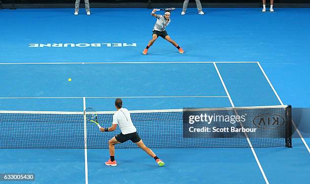 General view as Roger Federer of Switzerland plays a shot in his Men's Final match against Rafael Nadal of Spain on day 14 of the 2017 Australian...