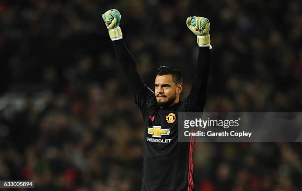 Sergio Romero of Manchester United celebrates as Marouane Fellaini of Manchester United scores their first goal during the Emirates FA Cup Fourth...