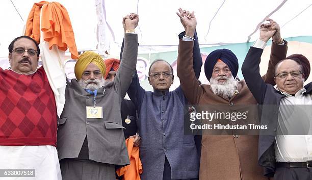 Union Finance Minister Arun Jaitley, BJP Lok Sabha candidate Rajinder Mohan Singh Chhina, Veer Singh Lopoke, SAD candidate from Raja Sansi...