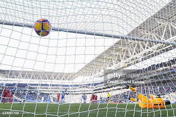 Jose Antonio Reyes of RCD Espanyol scores the opening goal from the penalty spot during the La Liga match between RCD Espanyol and Sevilla FC at...