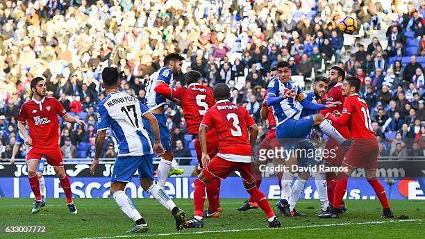 Marc Navarro of RCD Espanyol scores his team's second goal during the La Liga match between RCD Espanyol and Sevilla FC at Cornella-El Prat stadium...
