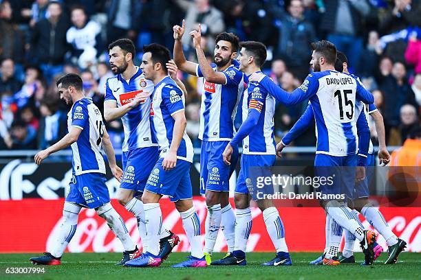 Marc Navarro of RCD Espanyol celebrates with his team mates after scoring his team's second goalduring the La Liga match between RCD Espanyol and...