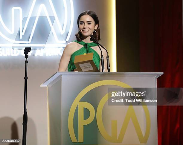 Lily Collins speaks at the 28th Annual Producers Guild Awards at The Beverly Hilton Hotel on January 28, 2017 in Beverly Hills, California.