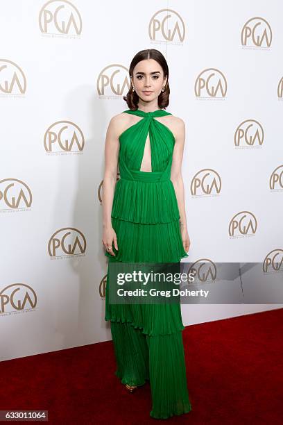 Actress Lily Collins arrives for the 28th Annual Producers Guild Awards at The Beverly Hilton Hotel on January 28, 2017 in Beverly Hills, California.