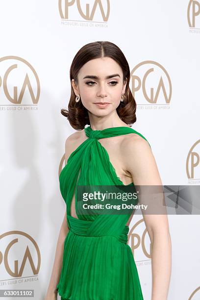 Actress Lily Collins arrives for the 28th Annual Producers Guild Awards at The Beverly Hilton Hotel on January 28, 2017 in Beverly Hills, California.