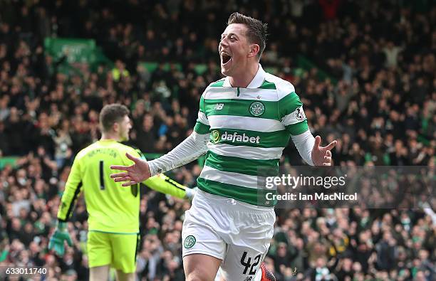 Callum McGregor of Celtic celebrates after he scores the opening goal during the Ladbrokes Scottish Premiership match between Celtic and Heart of...