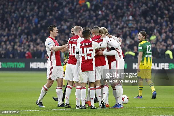 Nick Viergever of Ajax, Davy Klaassen of Ajax, Justin Kluivert of Ajax, Hakim Ziyech of Ajax, Kasper Dolberg of Ajax, Amin Younes of Ajax, Tom...