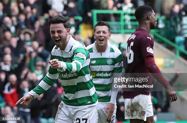 Patrick Roberts of Celtic celebrates scores the third goal during the Ladbrokes Scottish Premiership match between Celtic and Heart of Midlothian at...