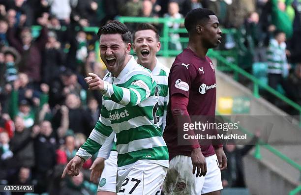 Patrick Roberts of Celtic celebrates scores the third goal during the Ladbrokes Scottish Premiership match between Celtic and Heart of Midlothian at...