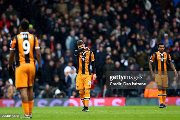 Josh Tymon of Hull City shows his dejection after conceding a goal during the Emirates FA Cup Fourth Round match between Fulham and Hull City at...