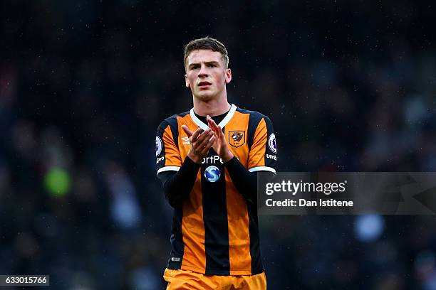 Josh Tymon of Hull City applauds the fans after the Emirates FA Cup Fourth Round match between Fulham and Hull City at Craven Cottage on January 29,...