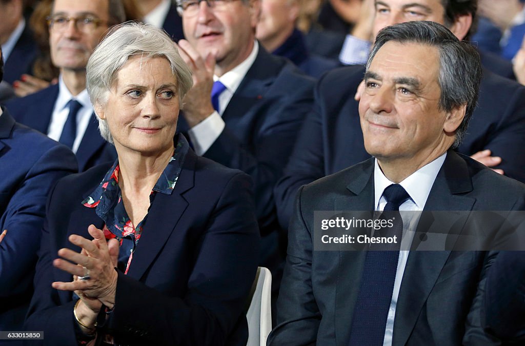 Former French Prime Minister & Candidate For  'Les Republicains', Francois Fillon Gives A Meeting In Paris