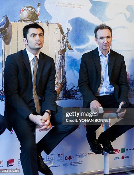 General delegate of the Angouleme International Comic Festival Franck Bondoux and Mayor of Angouleme Xavier Bonnefont attend a press conference...