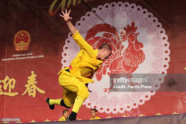 Dancer doing gymnastics during the Chinese New Year in Rome parades and martial arts. Attended by the mayor Virginia Raggi.