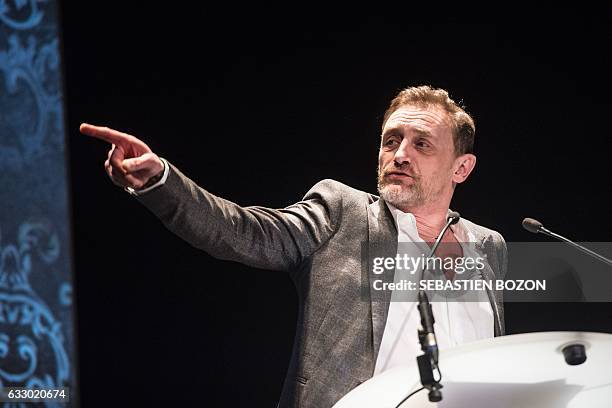 French actor and President of the jury, Jean-Paul Rouve gestures as he delivers a speech during the prize ceremony of the 24th Gerardmer fantastic...