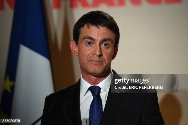 Defeated candidate of the left-wing primaries ahead of France's 2017 presidential elections Manuel Valls delivers a speech following the first...