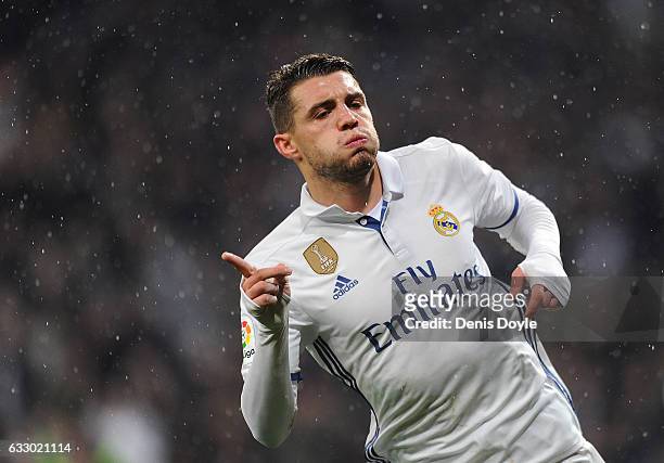 Mateo Kovacic of Real Madrid celebrates after scoring Real's 1st during the La Liga match between Real Madrid CF and Real Sociedad de Futbol at the...