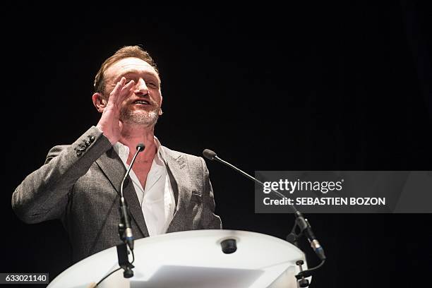 French actor and President of the jury, Jean-Paul Rouve gestures as he delivers a speech during the prize ceremony of the 24th Gerardmer fantastic...