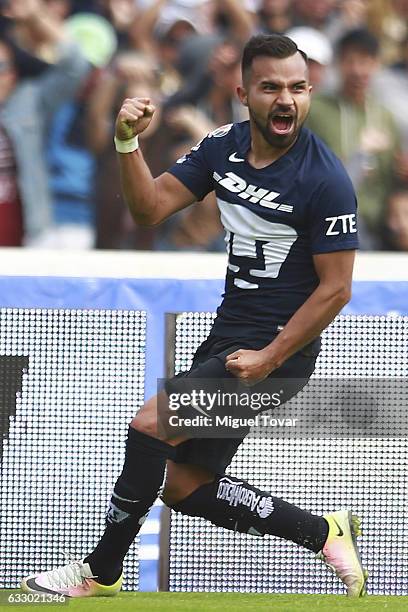 Bryan Rabello of Pumas celebrates after scoring the third goal of his team during the 4th round match between Pumas UNAM and Necaxa as part of the...