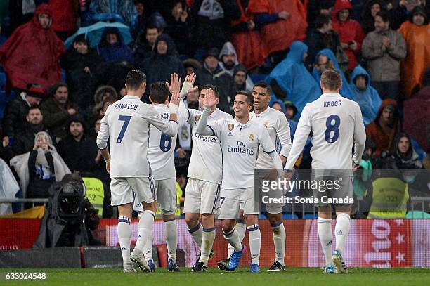 Kovacic, #16 of Real Madrid celebrates after scoring his team's first goa during the La Liga match between Real Madrid and Real Sociedad de Futbol at...