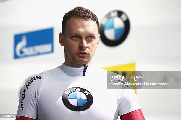 Tomass Dukurs of Latvia competes during the Men's Skeleton first run of the BMW IBSF World Cup at Deutsche Post Eisarena Koenigssee on January 28,...