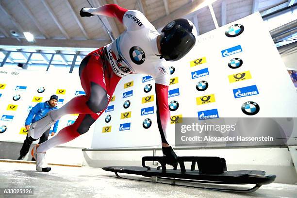 Tomass Dukurs of Latvia competes during the Men's Skeleton first run of the BMW IBSF World Cup at Deutsche Post Eisarena Koenigssee on January 28,...