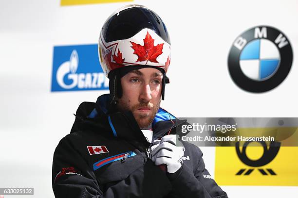 Barrett Martineau of Canada competes during the Men's Skeleton first run of the BMW IBSF World Cup at Deutsche Post Eisarena Koenigssee on January...