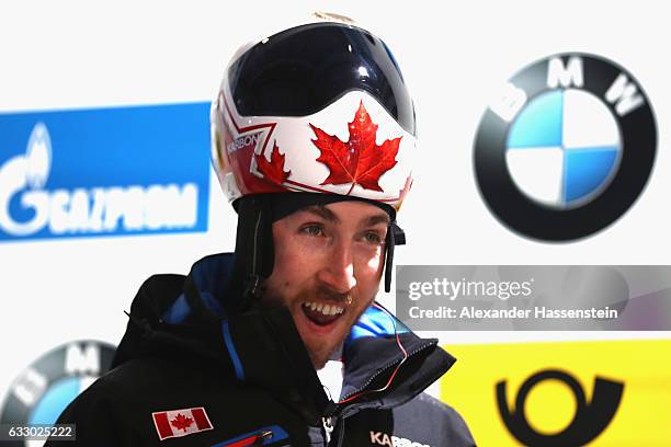 Barrett Martineau of Canada competes during the Men's Skeleton first run of the BMW IBSF World Cup at Deutsche Post Eisarena Koenigssee on January...