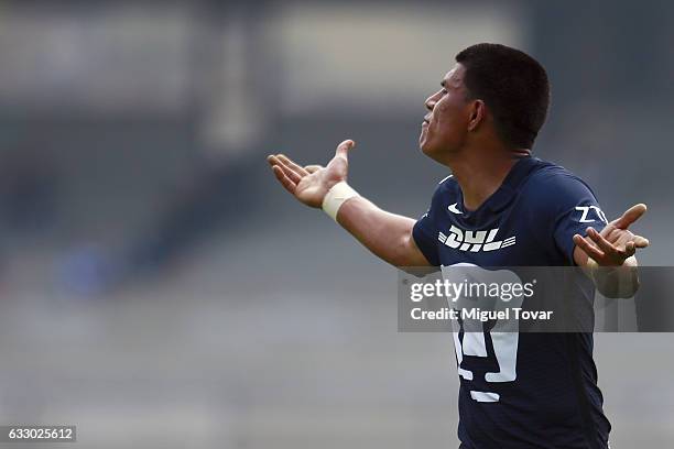 Jesus Gallardo of Pumas reacts during the 4th round match between Pumas UNAM and Necaxa as part of the Torneo Clausura 2017 Liga MX at Olimpico...