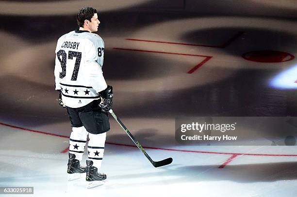 Sidney Crosby of the Pittsburgh Penguins stands on the ice prior to the 2017 Honda NHL All-Star Game Semifinal at Staples Center on January 29, 2017...