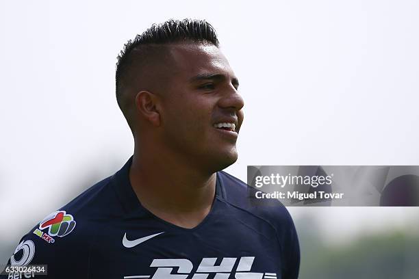 Javier Cortes of Pumas gestures during the 4th round match between Pumas UNAM and Necaxa as part of the Torneo Clausura 2017 Liga MX at Olimpico...