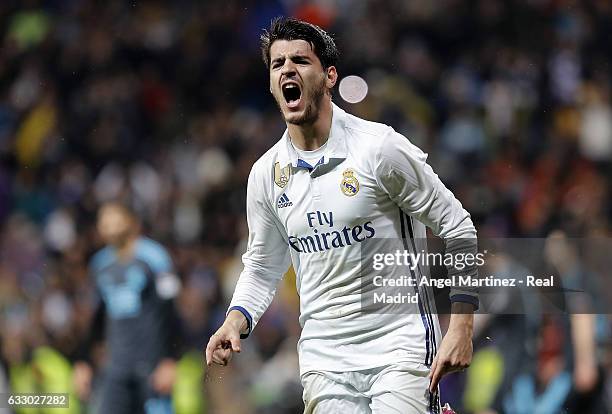 Alvaro Morata of Real Madrid celebrates after scoring his team's third goal during the La Liga match between Real Madrid and Real Sociedad at Estadio...