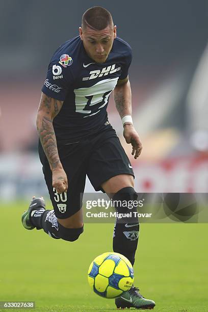 Nicolas Castillo of Pumas drives the ball during the 4th round match between Pumas UNAM and Necaxa as part of the Torneo Clausura 2017 Liga MX at...