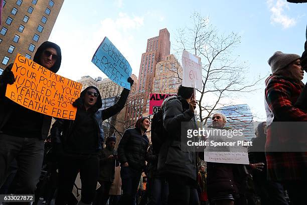 People march in lower Manhattan to protest U.S. President Donald Trump's new immigration policies on January 29, 2017 in New York City. Trump's...