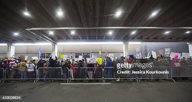 Demonstrators at Philadelphia International Airport protest against President Donald Trump's executive order banning Muslim immigration on January...