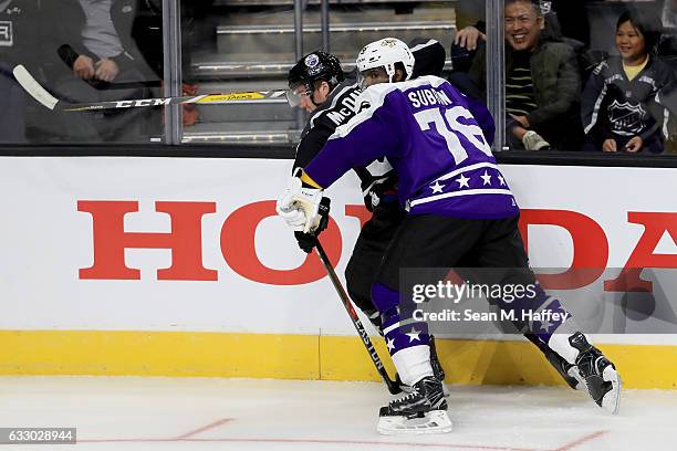 Subban of the Nashville Predators checks Connor McDavid of the Edmonton Oilers during the 2017 Honda NHL All-Star Game Semifinal at Staples Center on...