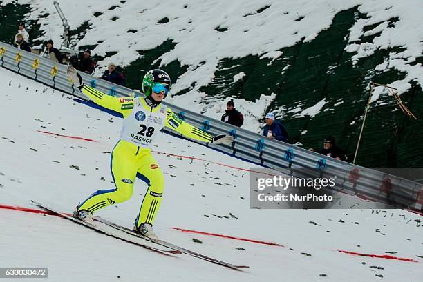 Spela Rogelj competes during the Normal hill individual probe at the FIS Ski Jumping World Cup in Rasnov, central Romania, on January 29, 2017.