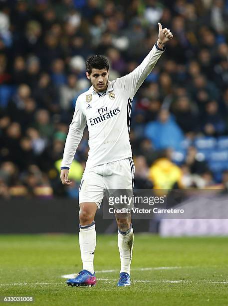 Alvaro Morata of Real Madrid celebrates after scoring his team's third goal during the La Liga match between Real Madrid and Real Sociedad at Estadio...