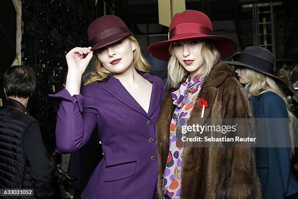Elena Kilb and Laura Franziska are seen backstage ahead of the Thomas Rath show during Platform Fashion January 2017 at Areal Boehler on January 29,...