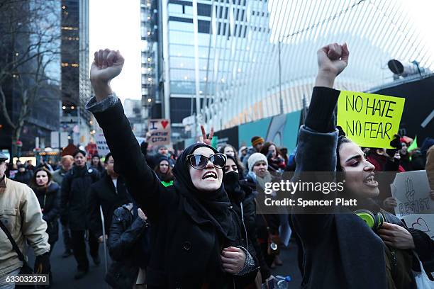 Thousands attend an afternoon rally in lower Manhattan to protest President Donald Trump's new immigration policies on January 29, 2017 in New York...