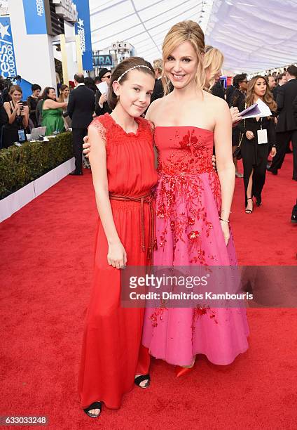 Actors Millie Bobby Brown and Cara Buono attend The 23rd Annual Screen Actors Guild Awards at The Shrine Auditorium on January 29, 2017 in Los...