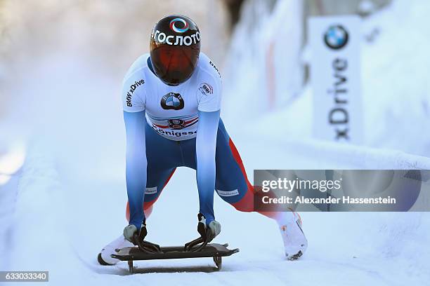 Alexander Tretiakov of Russia competes during the Men's Skeleton second run of the BMW IBSF World Cup at Deutsche Post Eisarena Koenigssee on January...