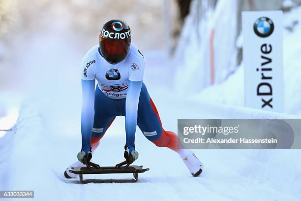 Alexander Tretiakov of Russia competes during the Men's Skeleton second run of the BMW IBSF World Cup at Deutsche Post Eisarena Koenigssee on January...