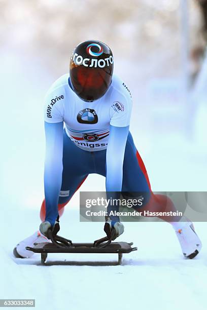 Alexander Tretiakov of Russia competes during the Men's Skeleton second run of the BMW IBSF World Cup at Deutsche Post Eisarena Koenigssee on January...