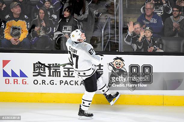 Sidney Crosby of the Pittsburgh Penguins celebrates after scoring a goal during the 2017 Honda NHL All-Star Game Semifinal at Staples Center on...