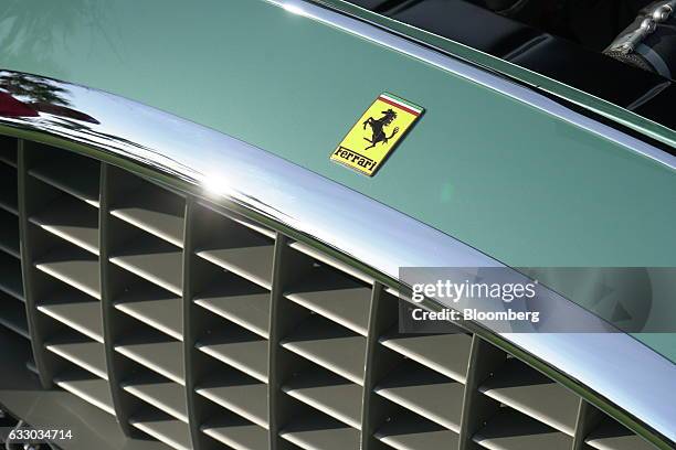 The grill and badge of a 1952 Ferrari SpA 342 America grand touring vehicle is seen during the 26th Annual Cavallino Classic Event at the Breakers...